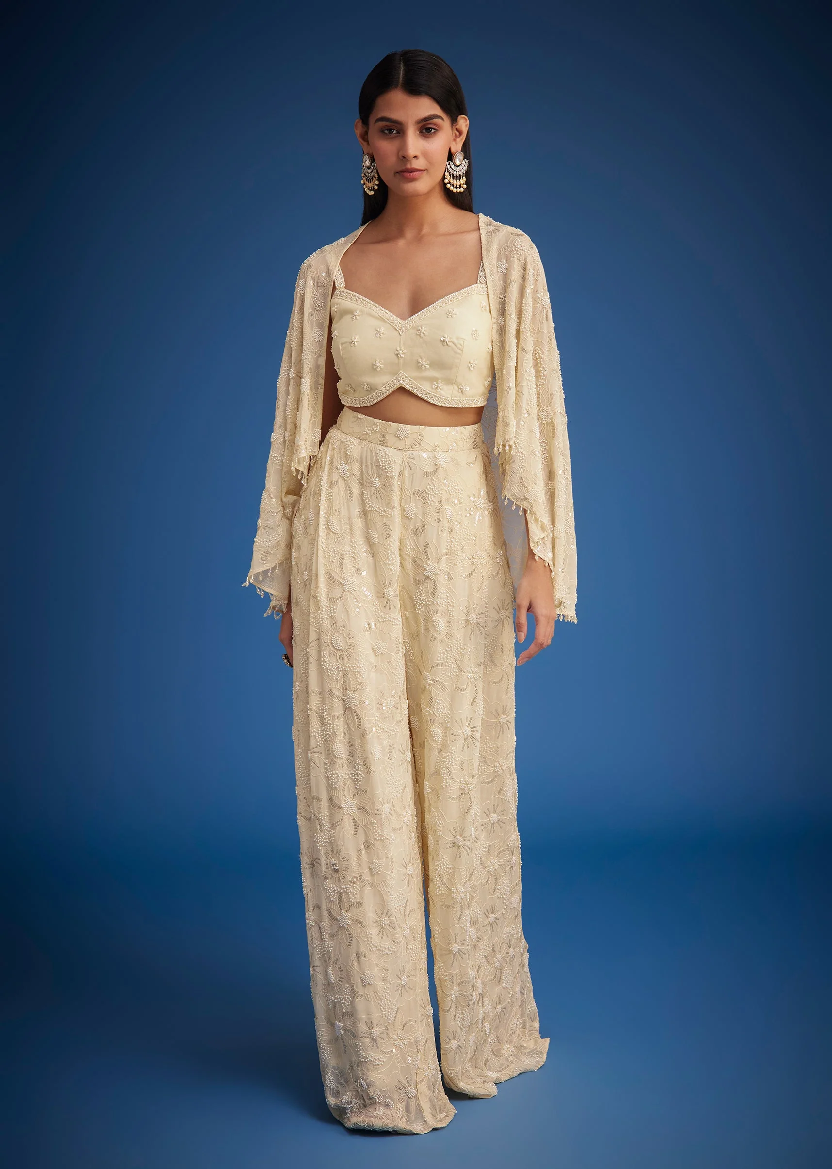 Off White Embroidered Cape Palazzo Set