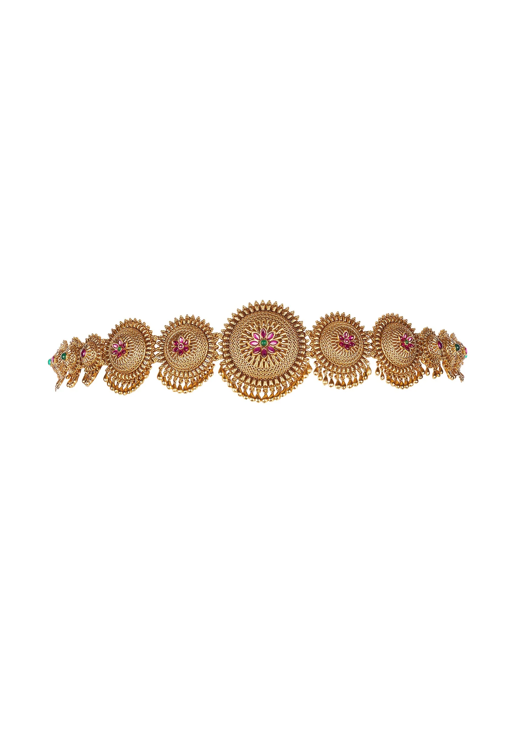520-gold-toned-temple-style-waist-belt-with-pink-and-green-simulated-stones-2.webp Gold Toned Temple Style Waist Belt With Pink and Green Simulated Stones