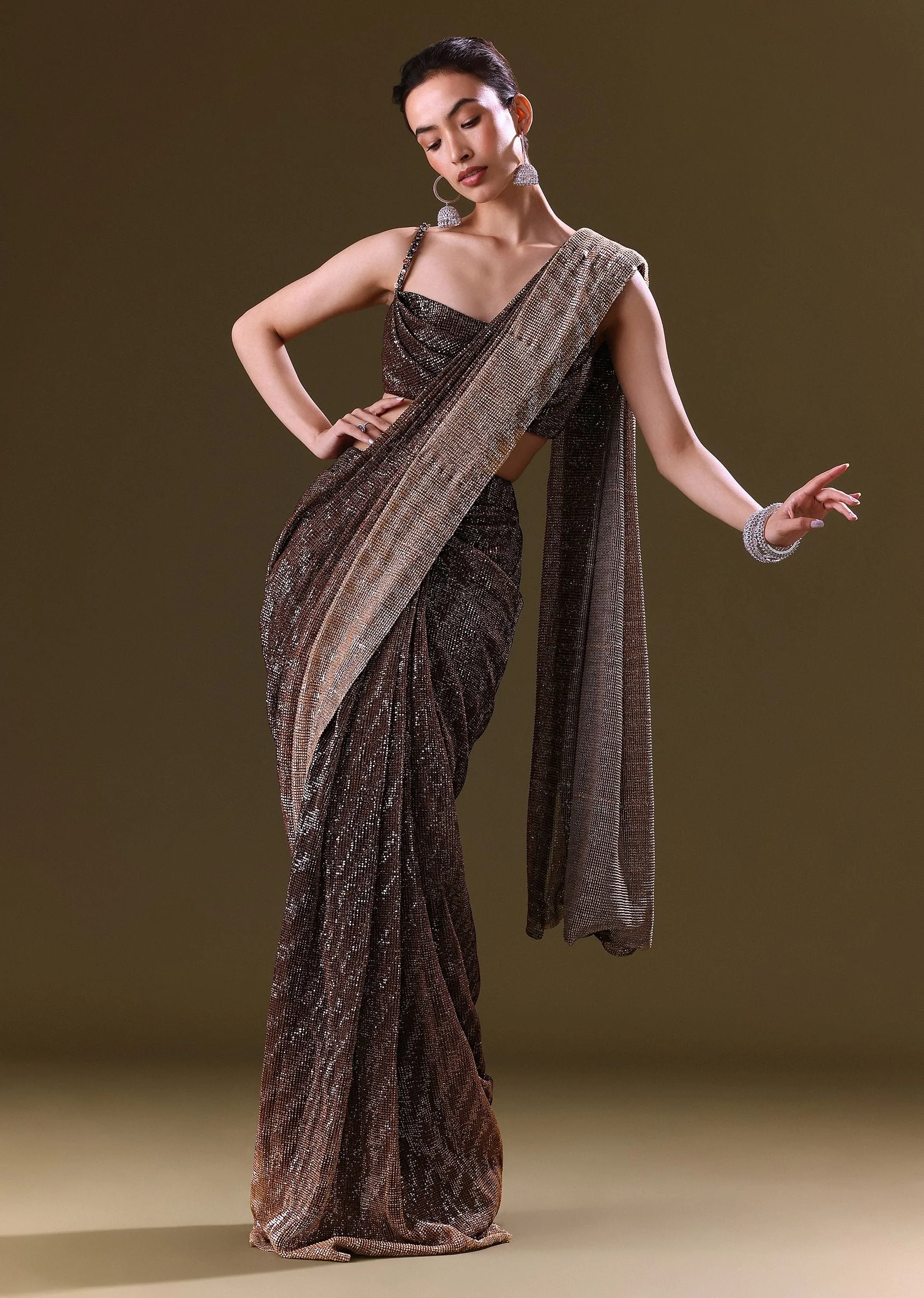 Brown Pre Stitched Saree With Cowl Blouse