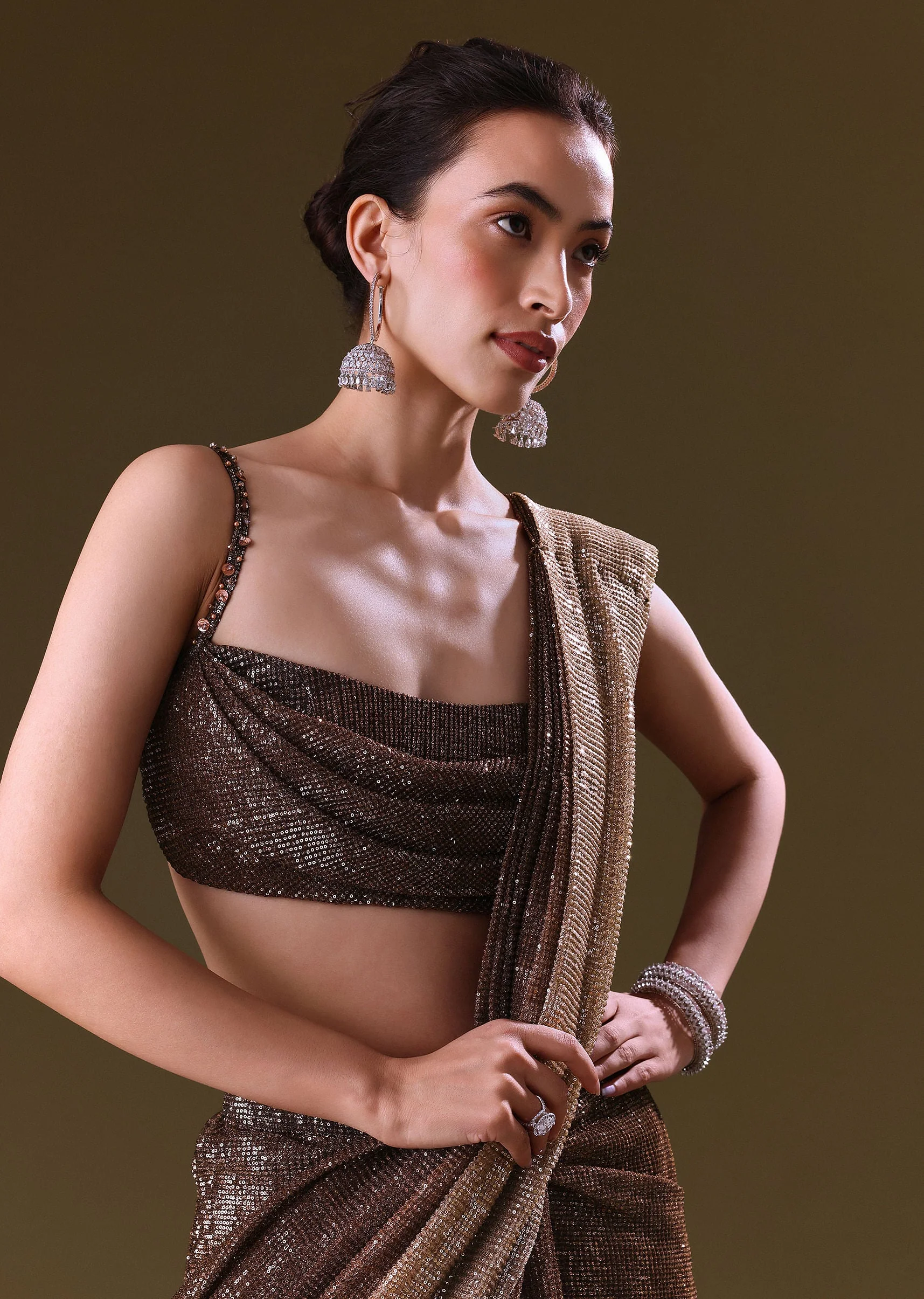 Brown Pre Stitched Saree With Cowl Blouse