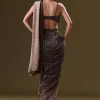 Brown Pre Stitched Saree With Cowl Blouse