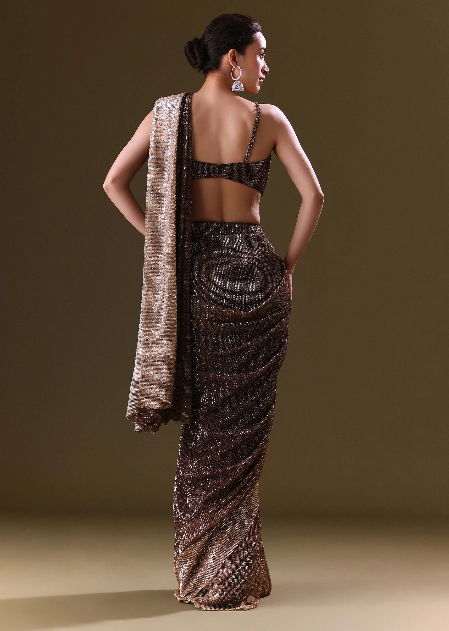 Brown Pre Stitched Saree With Cowl Blouse