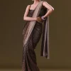 Brown Pre Stitched Saree With Cowl Blouse