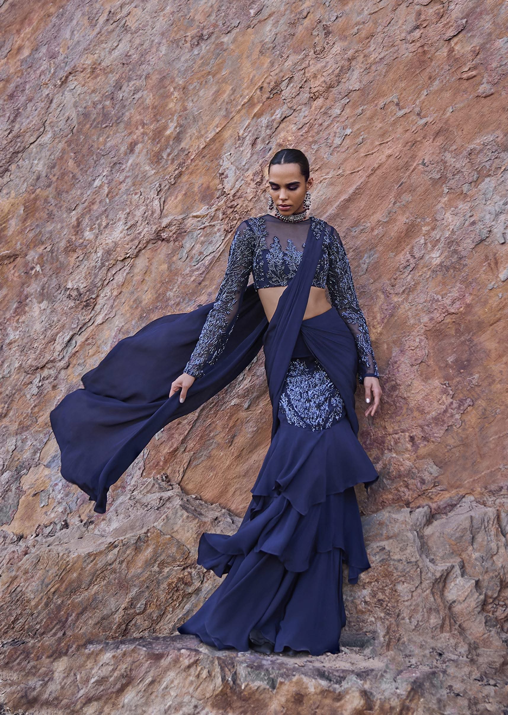 French Blue Fishcut Draped Frill Saree With Blouse