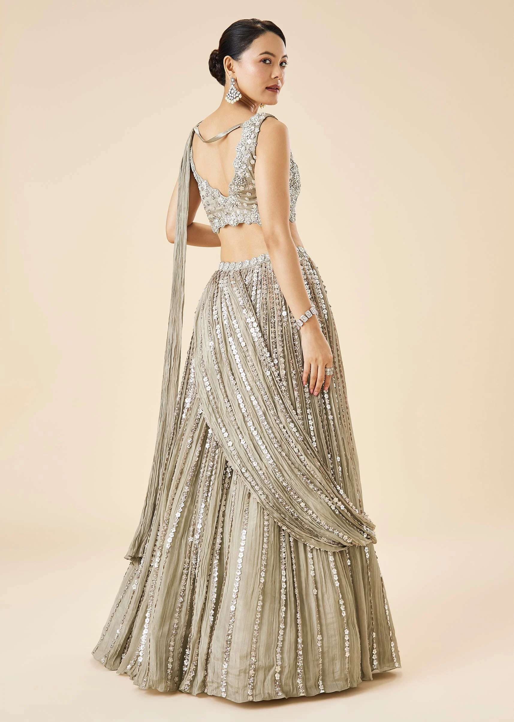 Grey Bridal Embroidered Fusion Lehenga Set