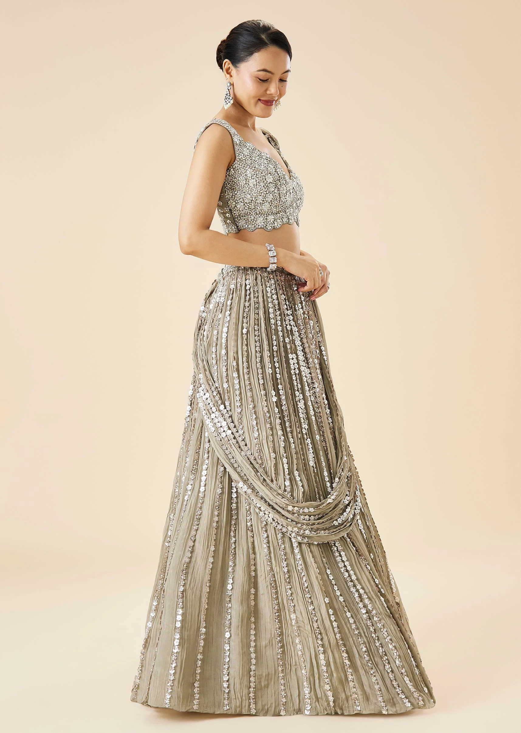 Grey Bridal Embroidered Fusion Lehenga Set