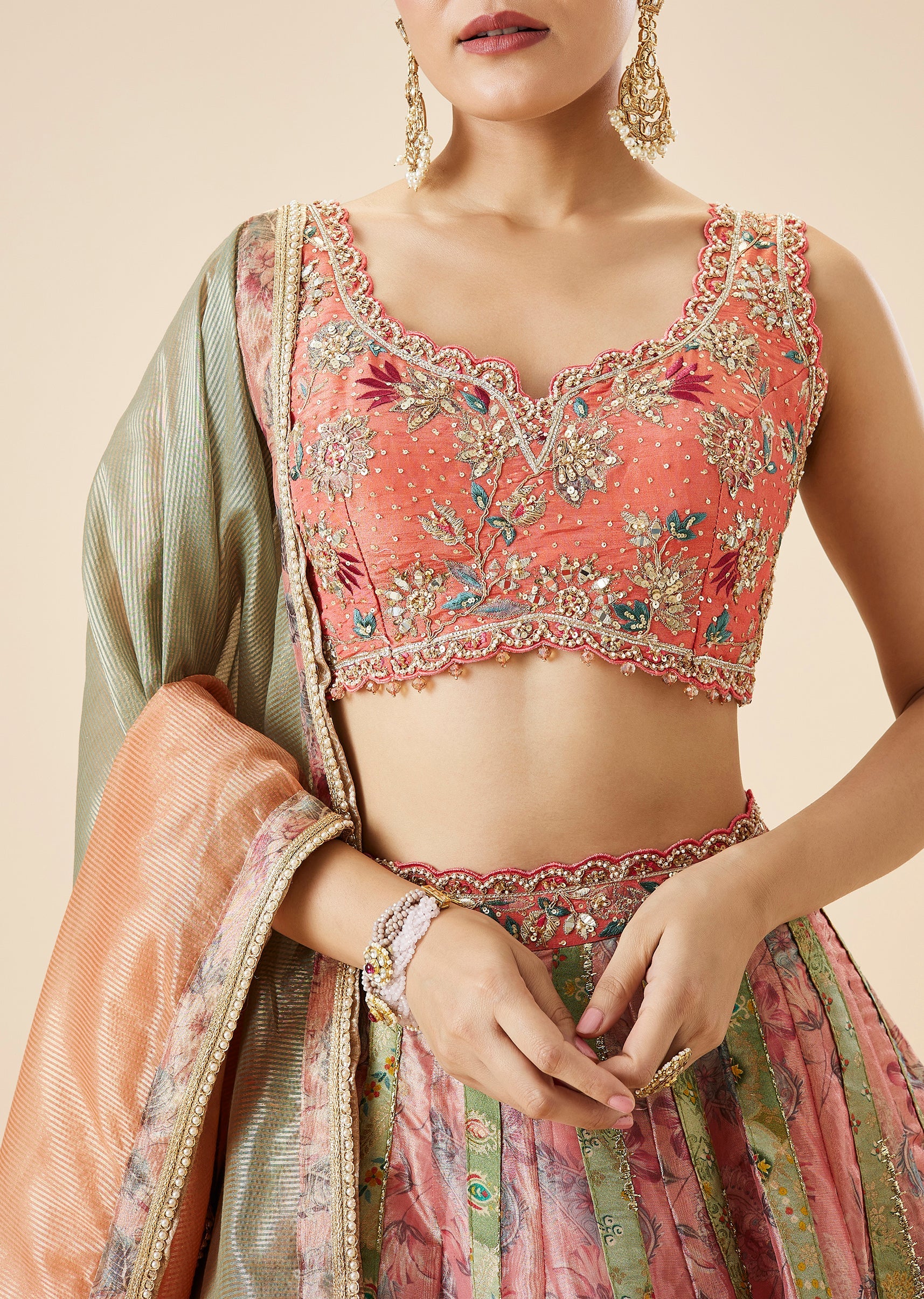 Peach Floral Embroidered Bridal Lehenga Set