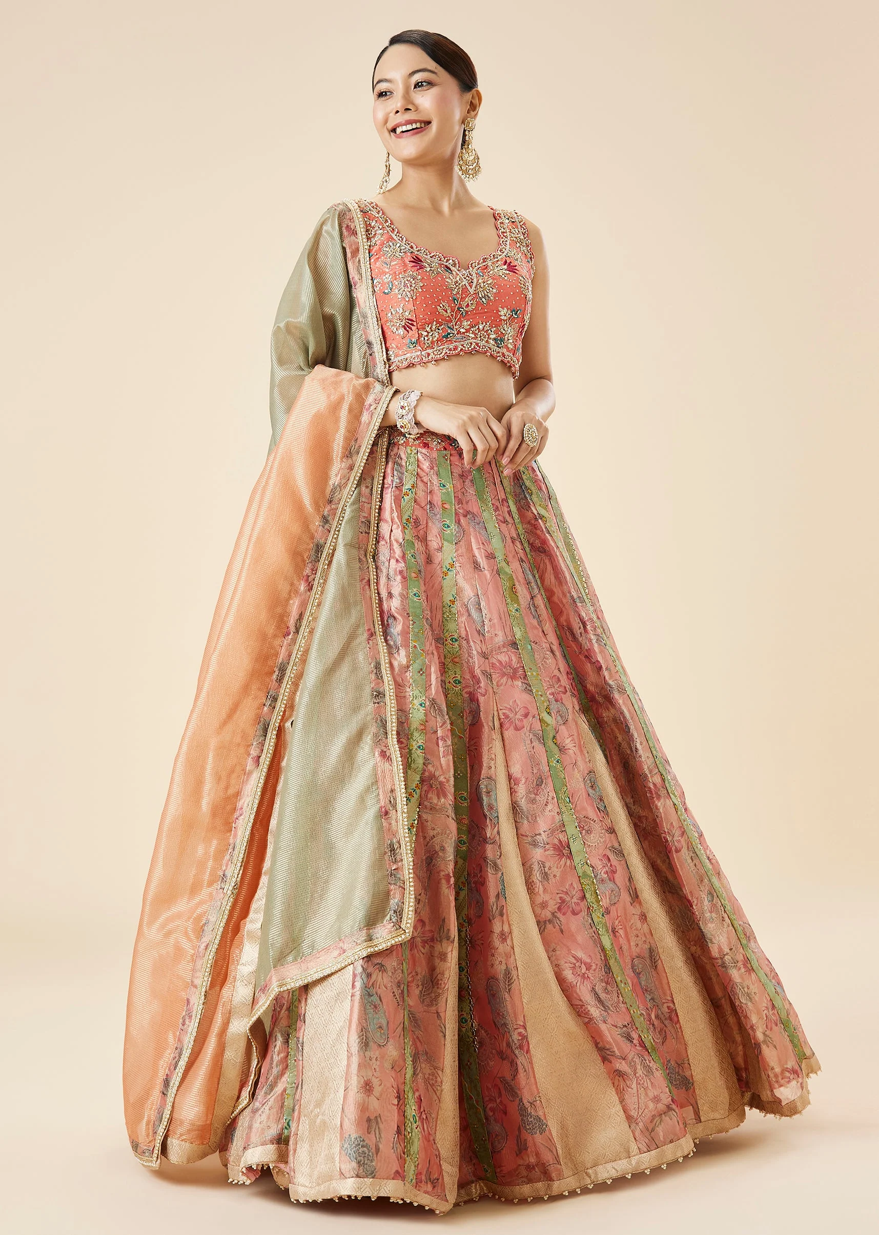 Peach Floral Embroidered Bridal Lehenga Set