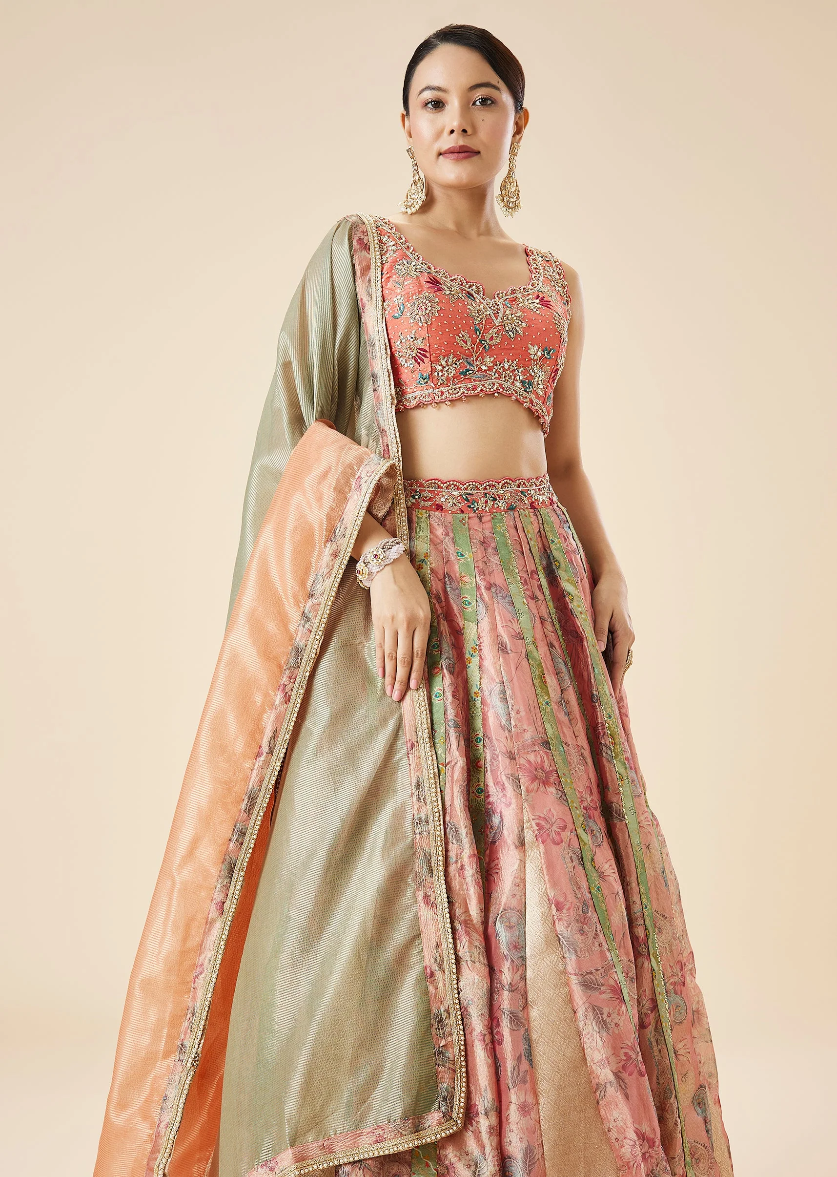 Peach Floral Embroidered Bridal Lehenga Set