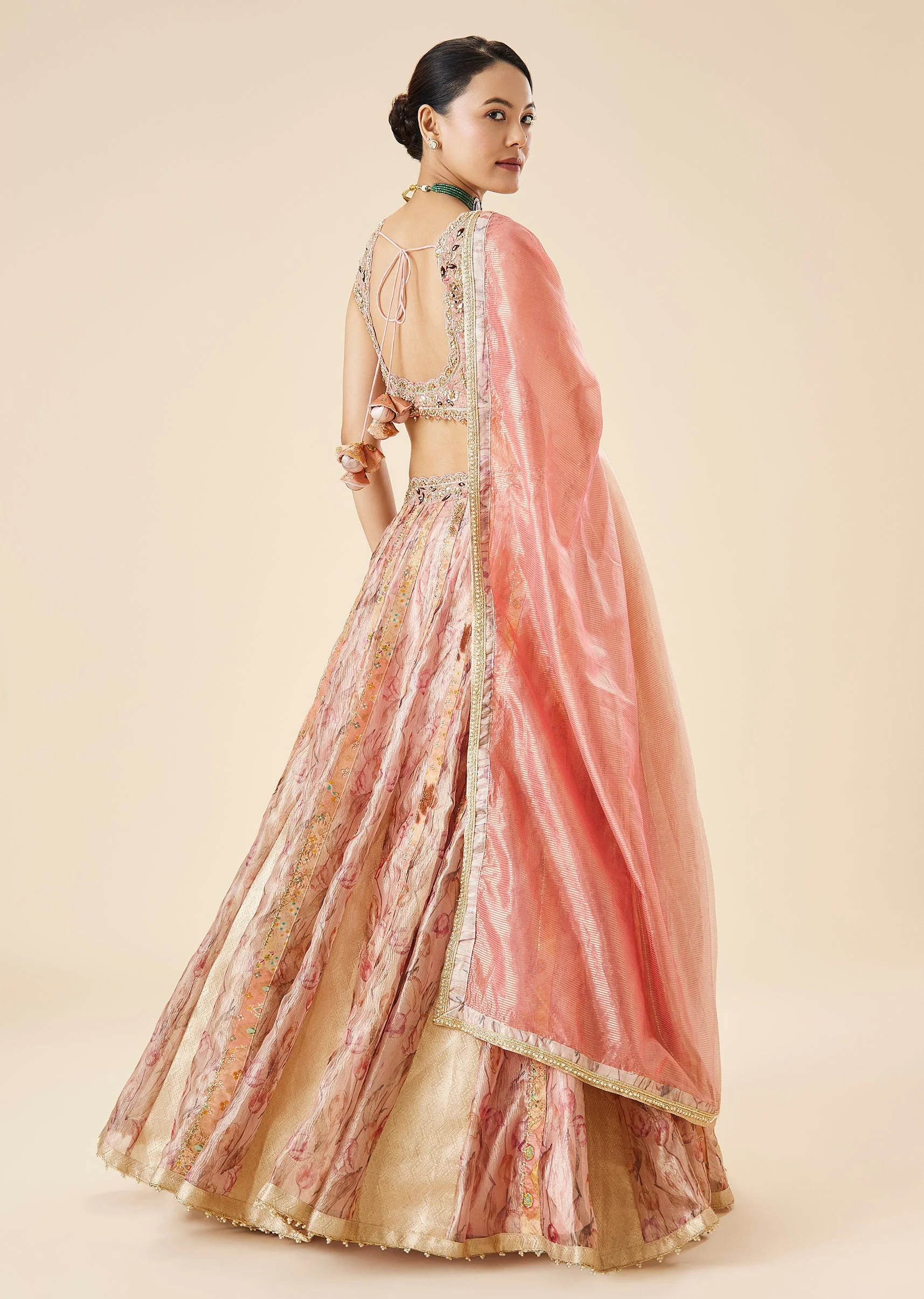 Peach Floral Printed And Embroidered Bridal Lehenga Set