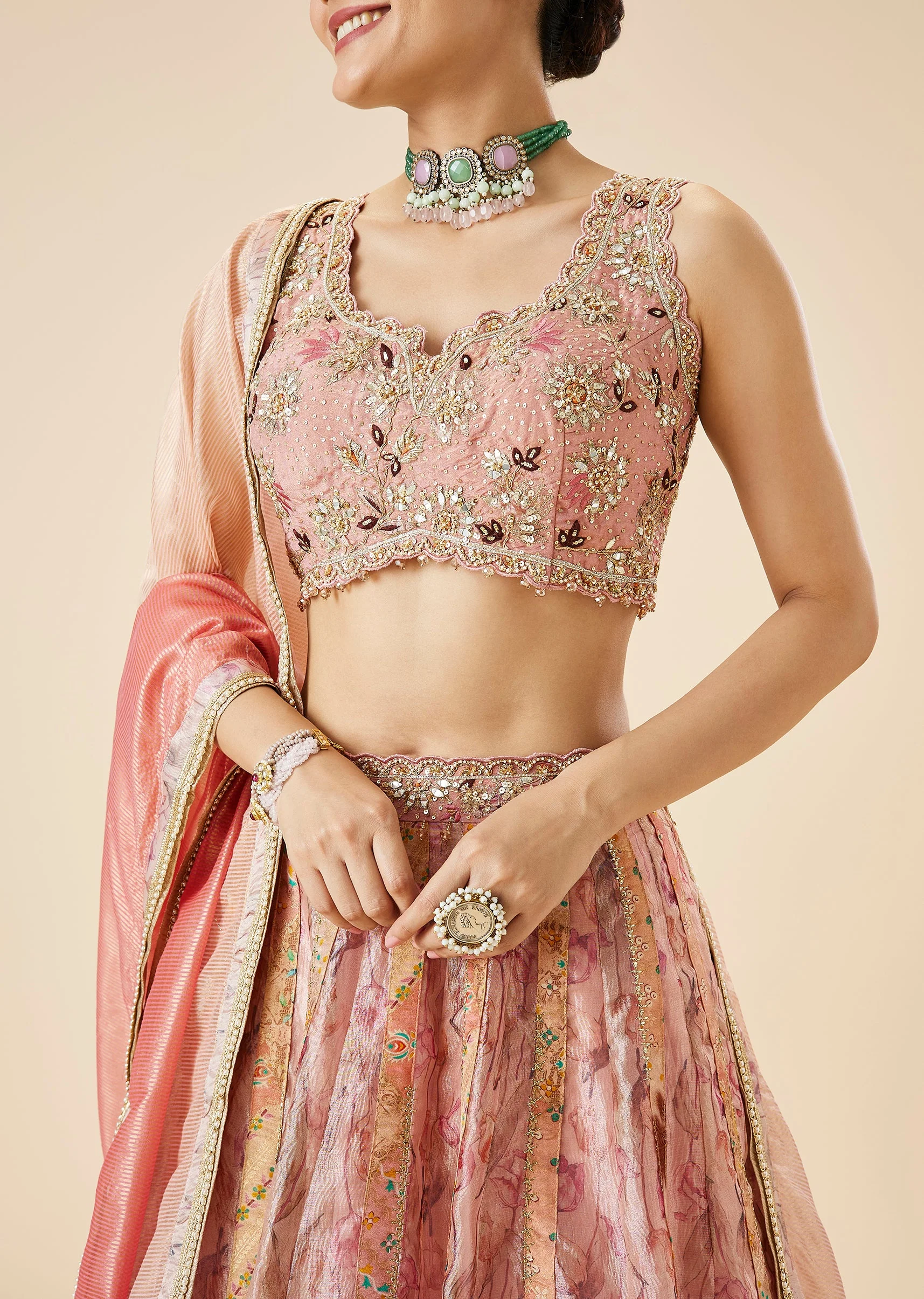 Peach Floral Printed And Embroidered Bridal Lehenga Set