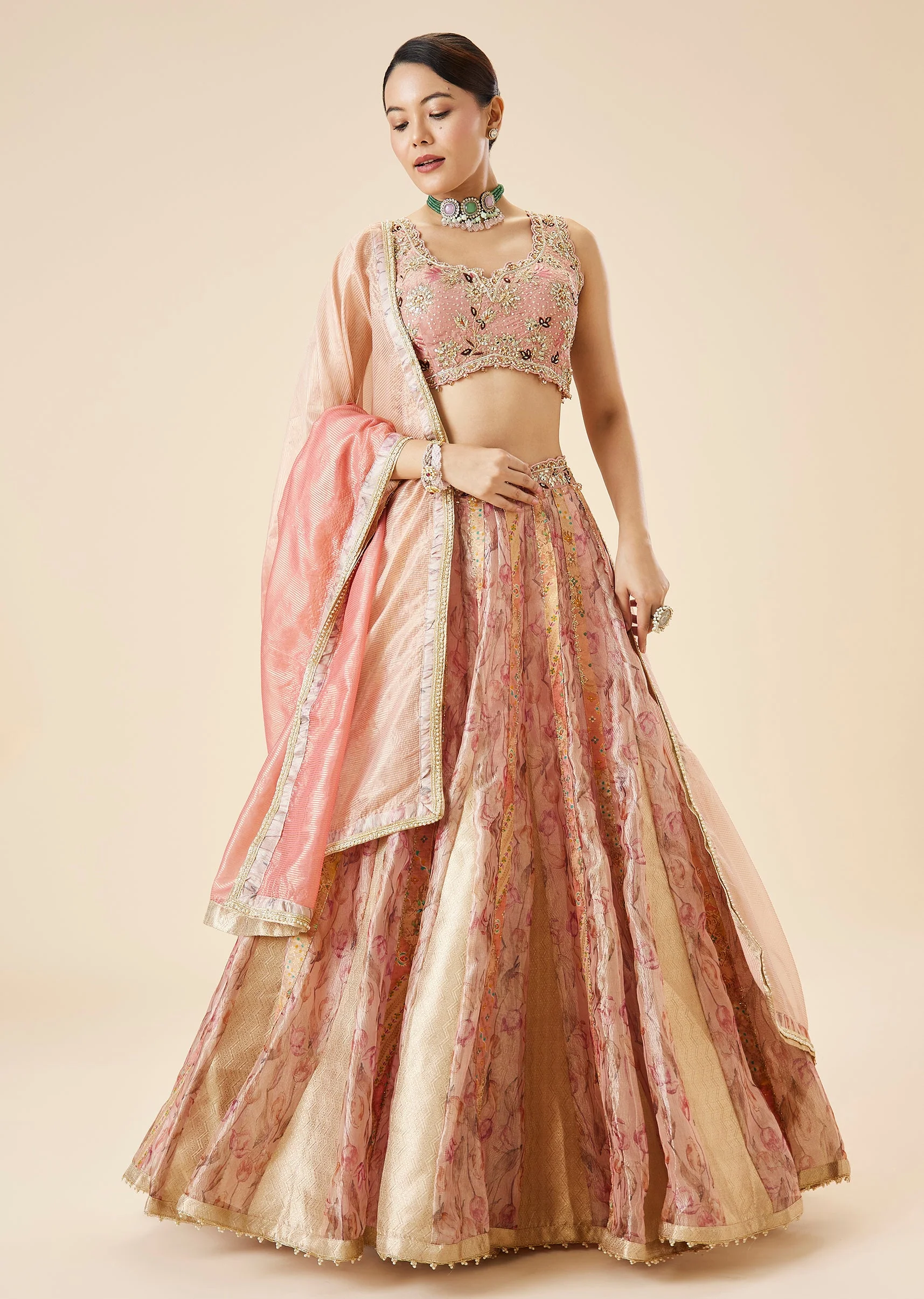Peach Floral Printed And Embroidered Bridal Lehenga Set
