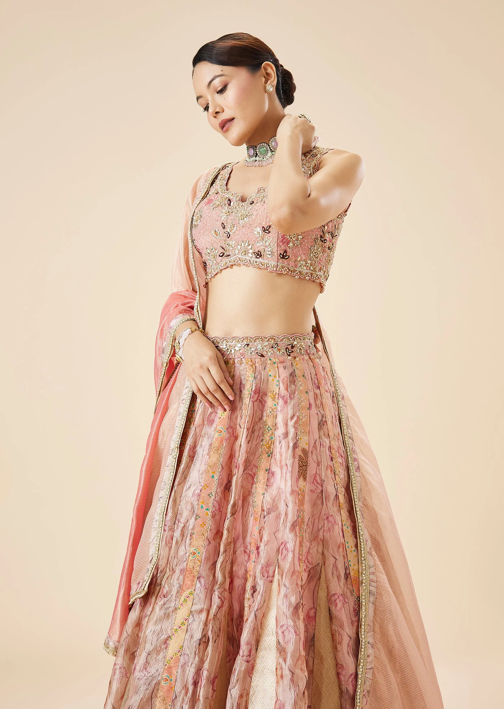 Peach Floral Printed And Embroidered Bridal Lehenga Set
