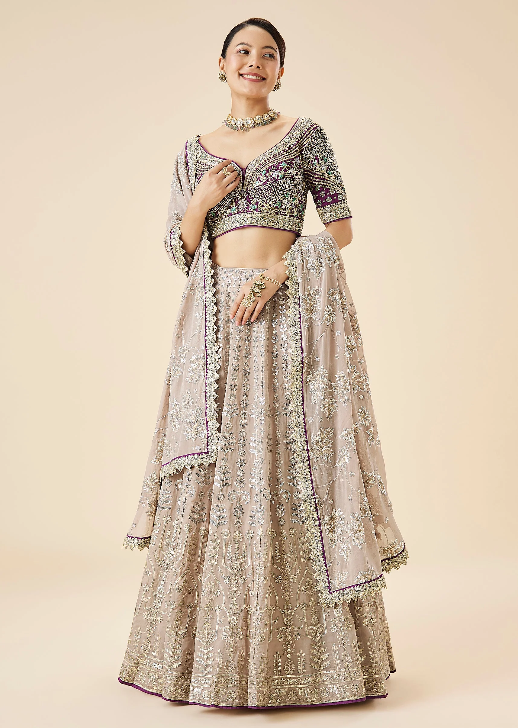 Mauve Pastel Embroidered Lehenga Set
