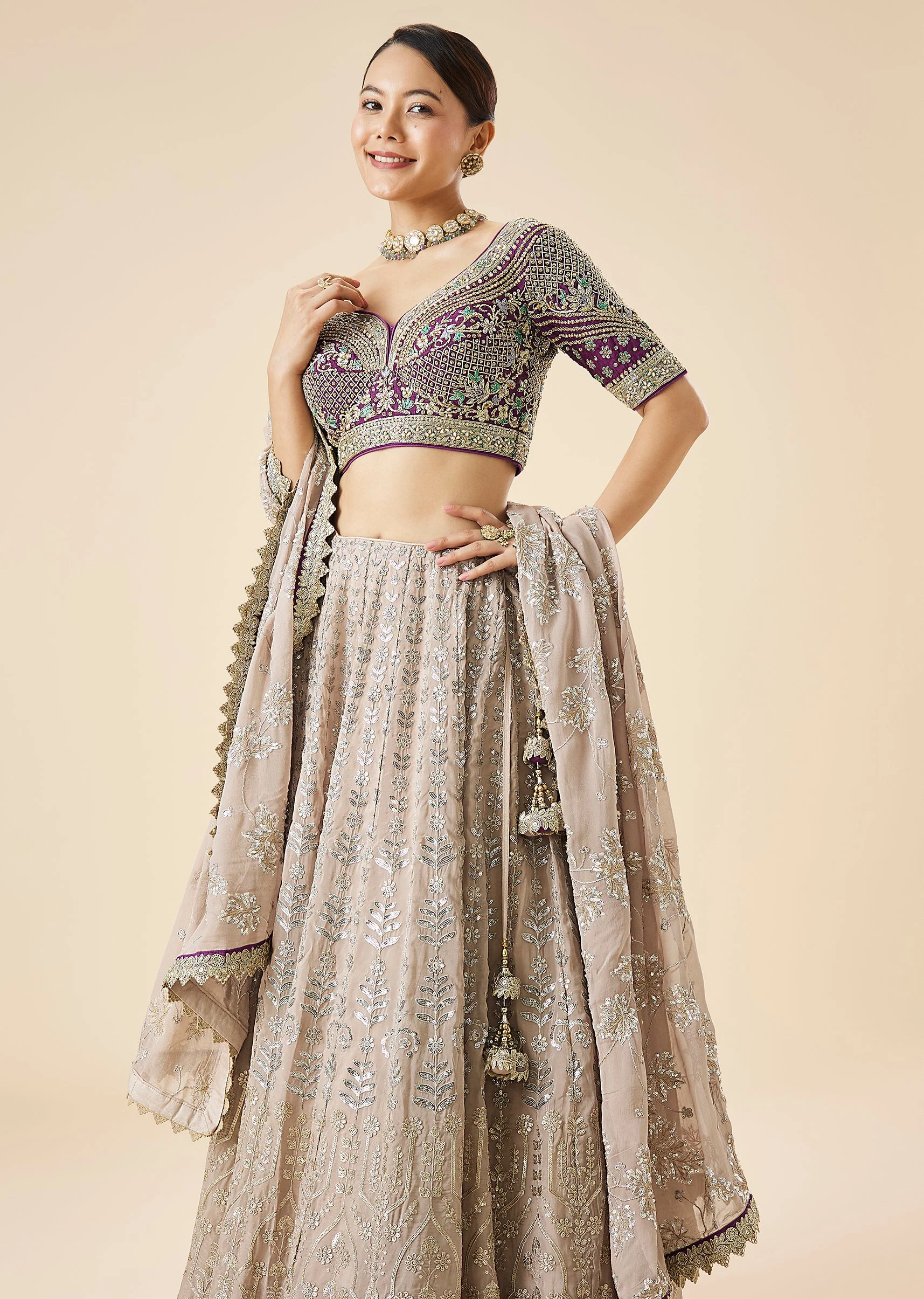 Mauve Pastel Embroidered Lehenga Set