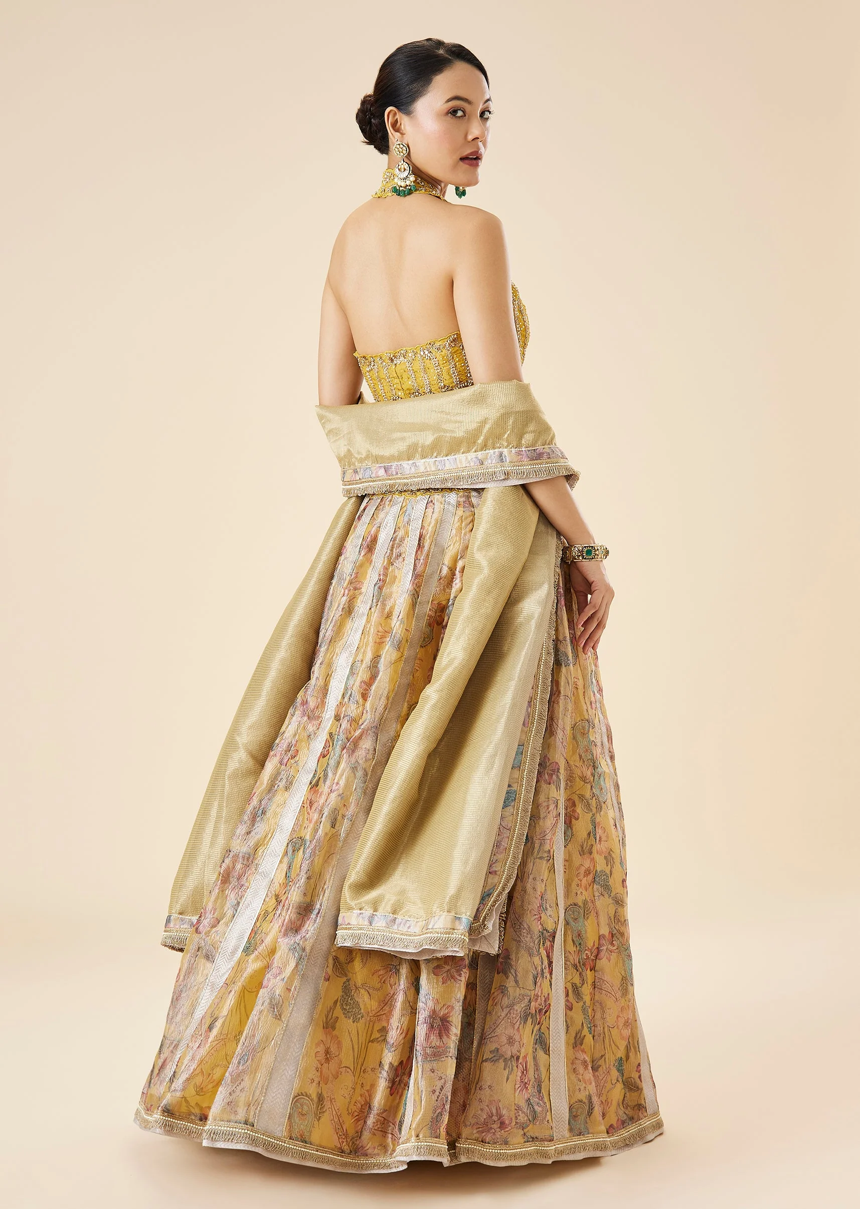 Yellow Floral Print And Embroidered Bridal Lehenga Set