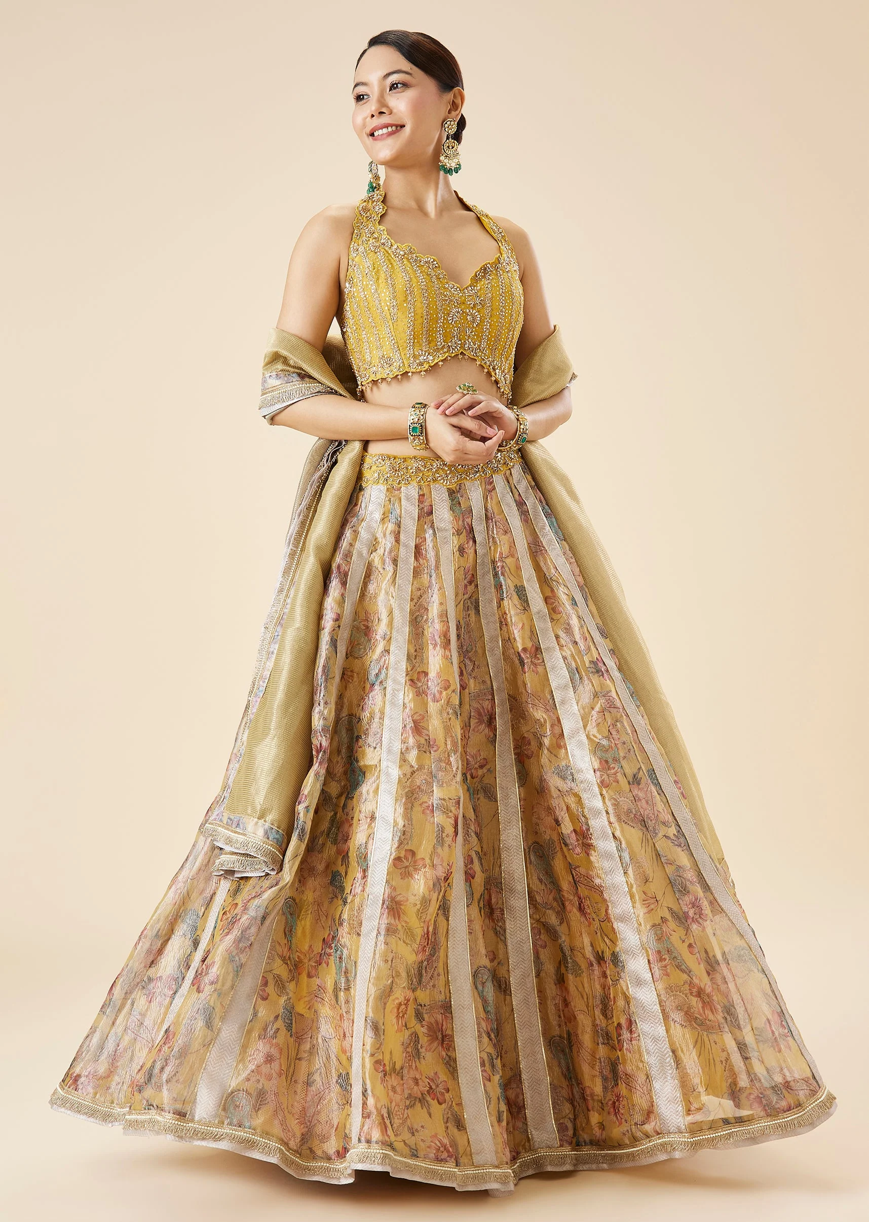 Yellow Floral Print And Embroidered Bridal Lehenga Set