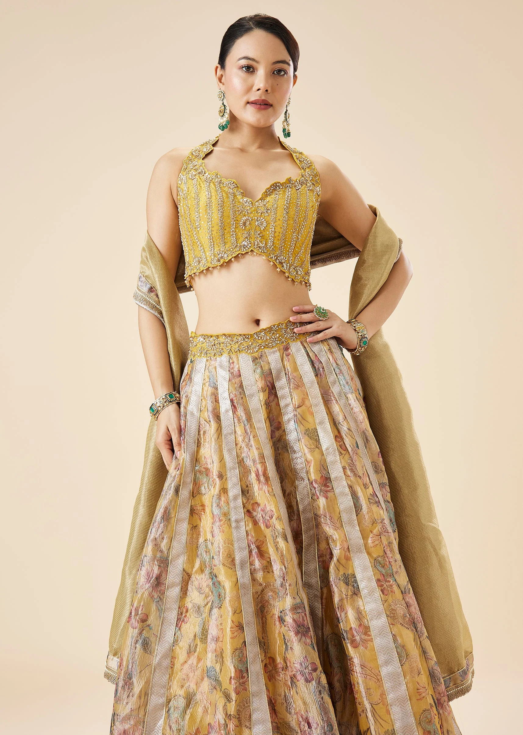 Yellow Floral Print And Embroidered Bridal Lehenga Set