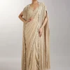 Cream Pre Draped Indo Western Saree With Jacket