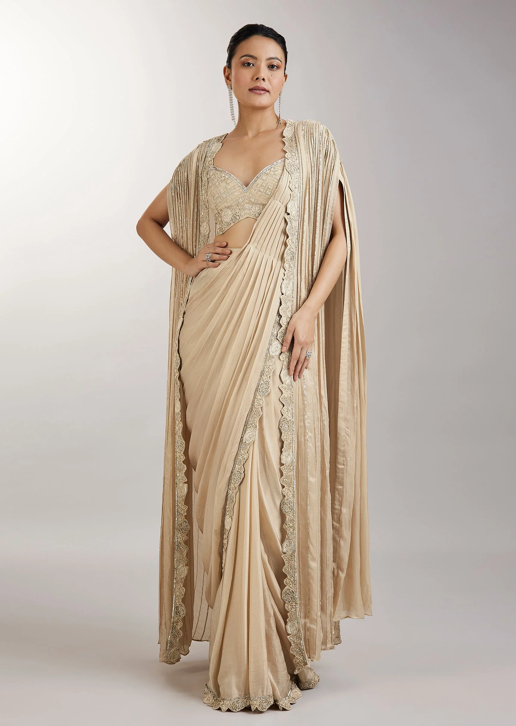 5315-cream-pre-draped-indo-western-saree-with-jacket-1.webp Cream Pre Draped Indo Western Saree With Jacket