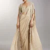 Cream Pre Draped Indo Western Saree With Jacket