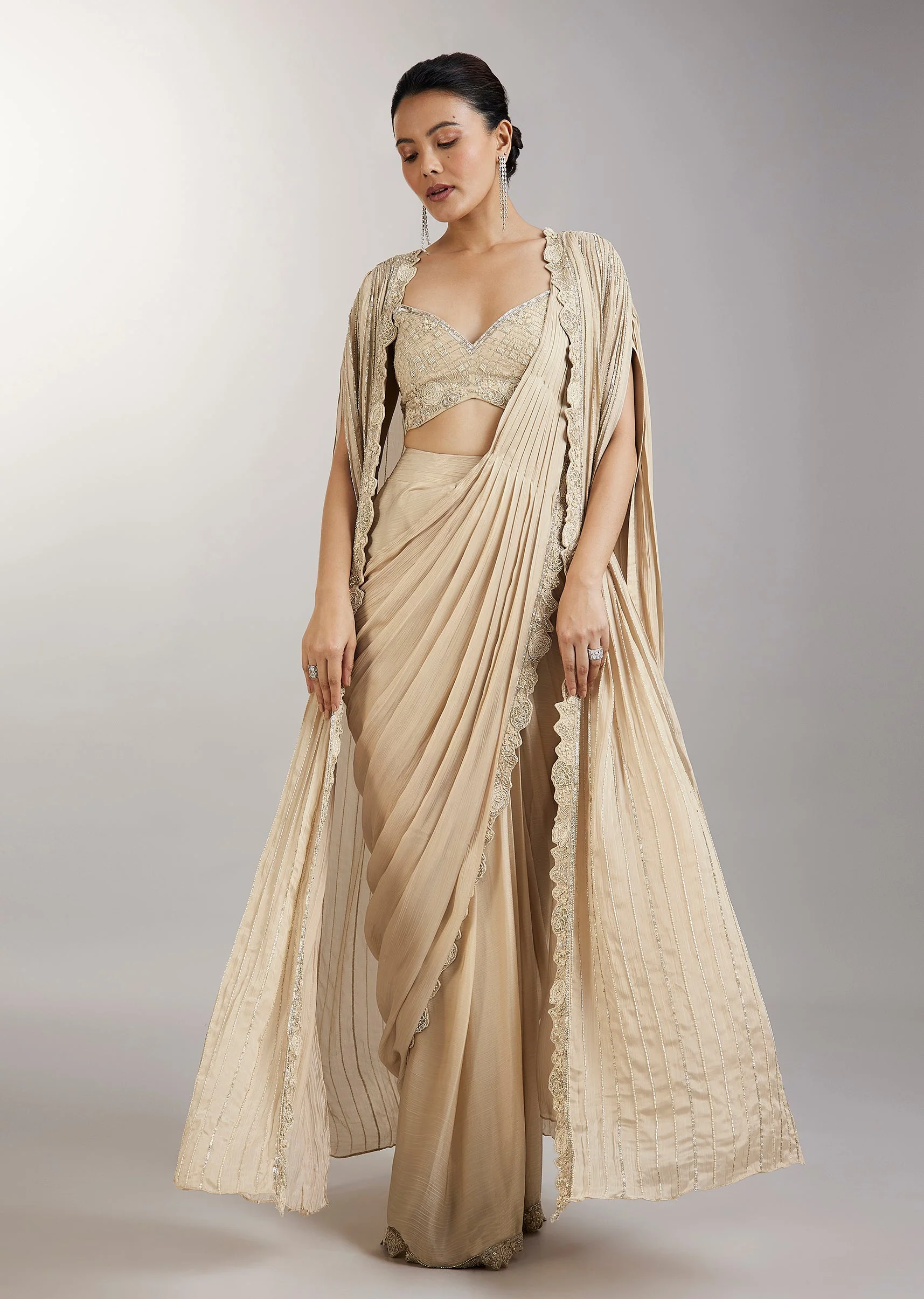 Cream Pre Draped Indo Western Saree With Jacket