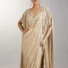 Cream Pre Draped Indo Western Saree With Jacket