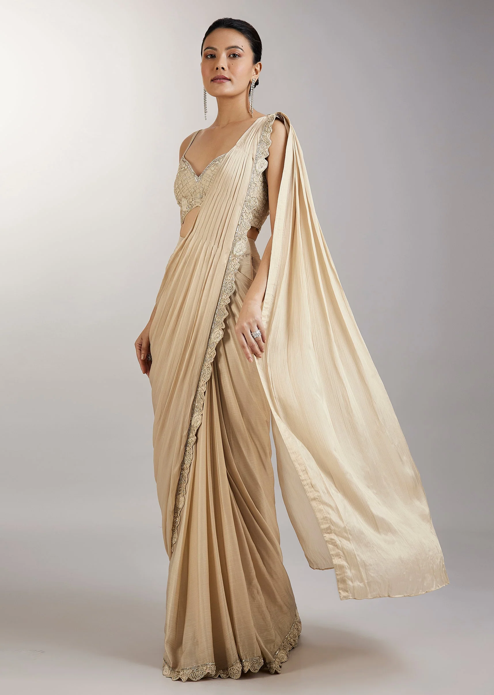 Cream Pre Draped Indo Western Saree With Jacket