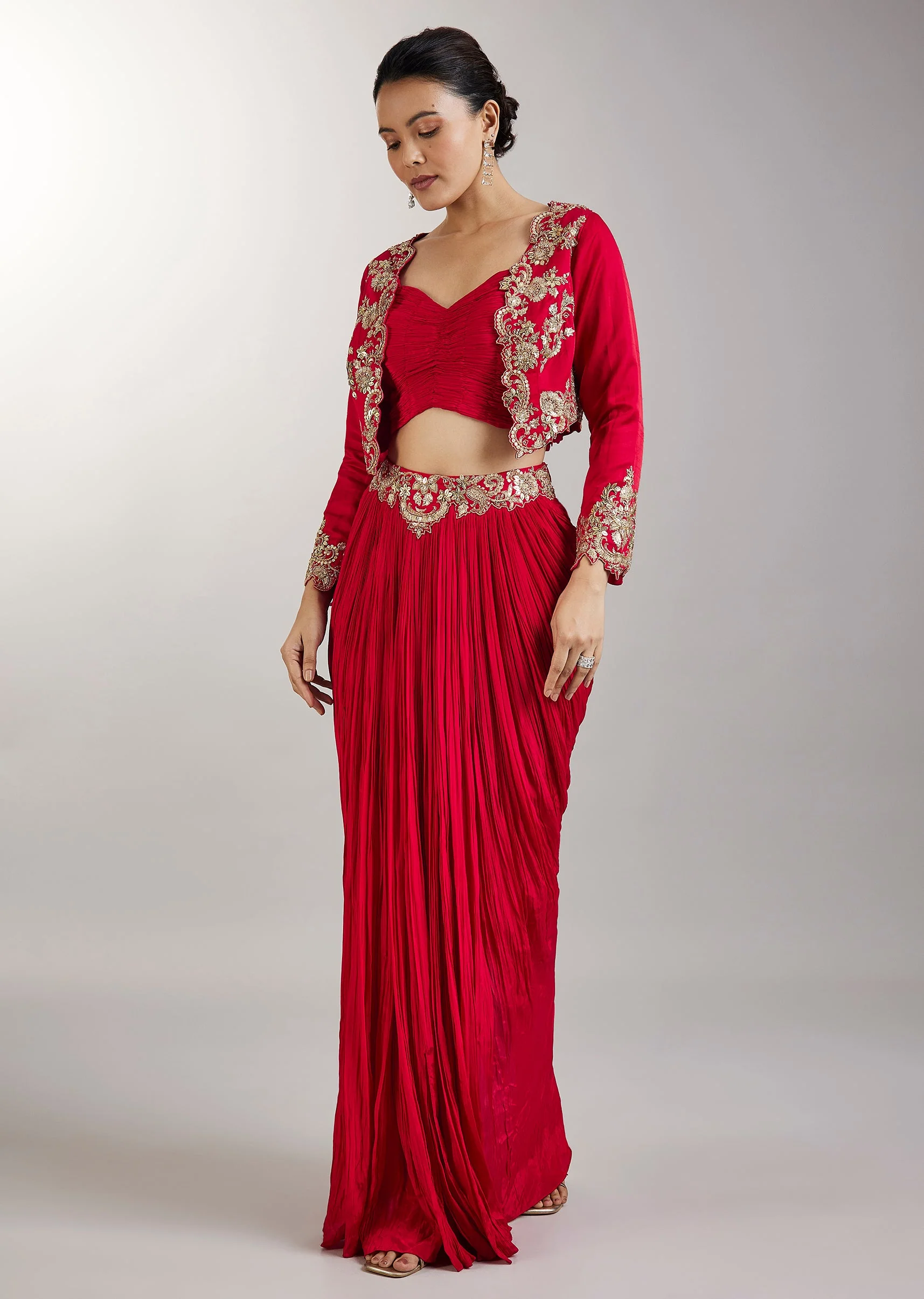 5323-red-crop-top-skirt-with-embellished-jacket-1.webp Red Crop Top Skirt With Embellished Jacket
