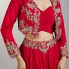 Red Crop Top Skirt With Embellished Jacket