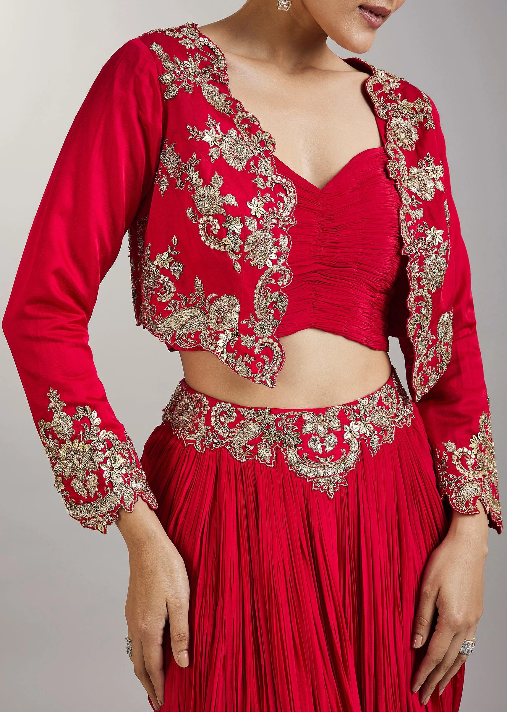 Red Crop Top Skirt With Embellished Jacket