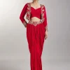 Red Crop Top Skirt With Embellished Jacket