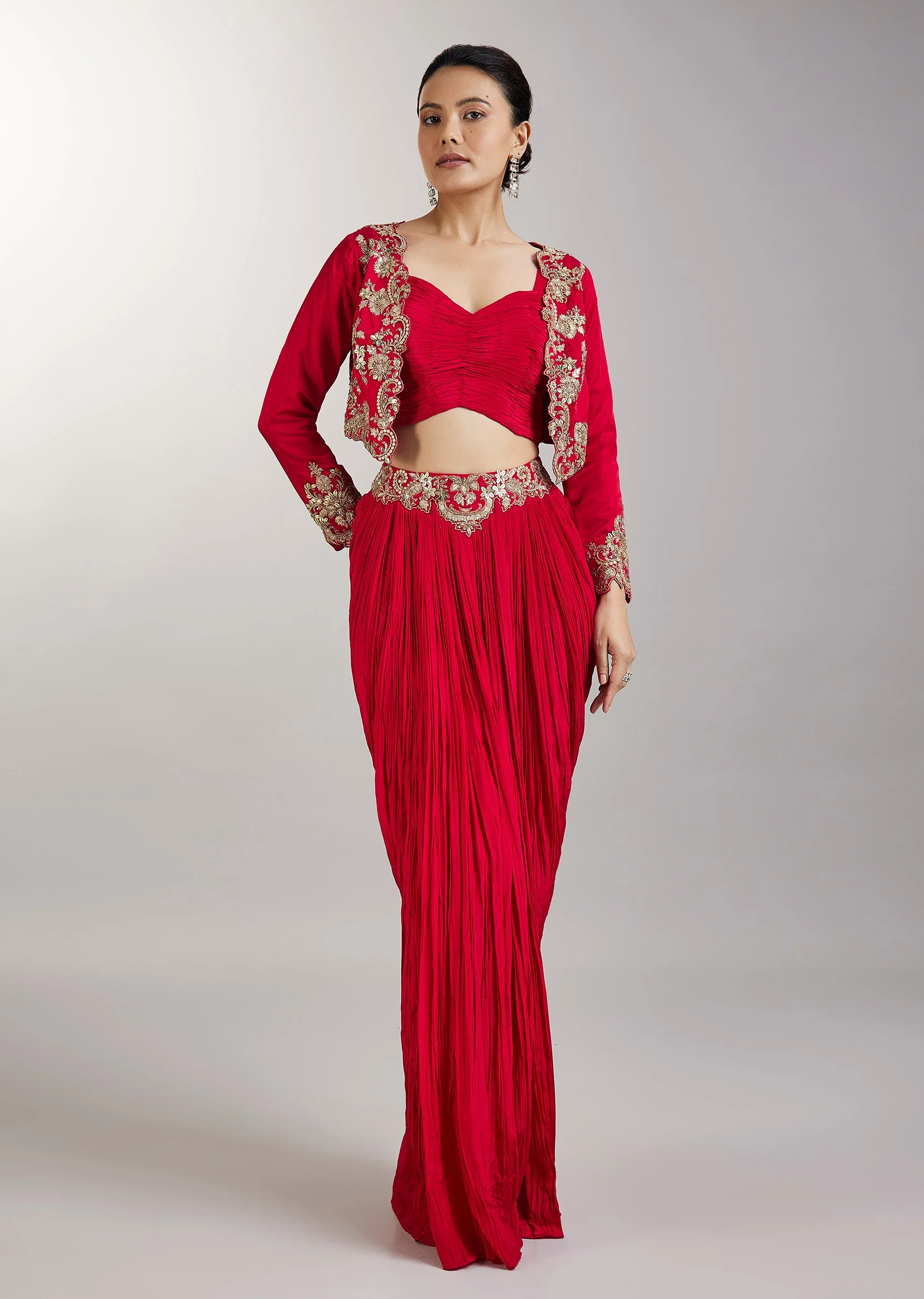 Red Crop Top Skirt With Embellished Jacket