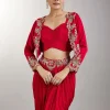 Red Crop Top Skirt With Embellished Jacket
