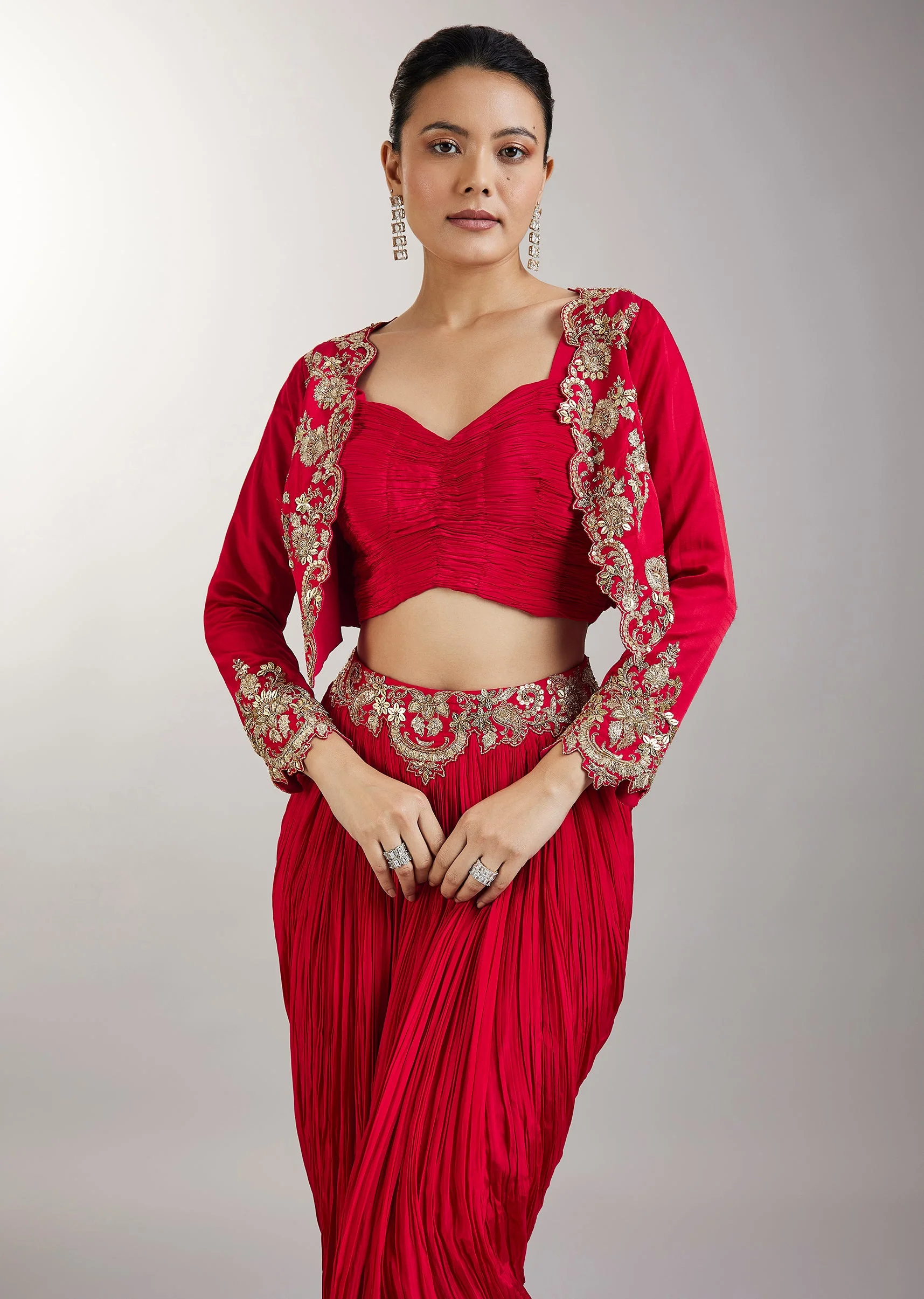 Red Crop Top Skirt With Embellished Jacket