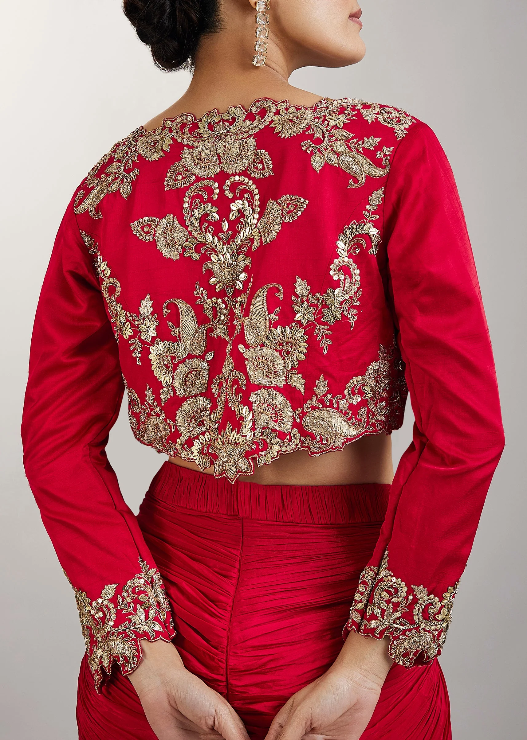 Red Crop Top Skirt With Embellished Jacket