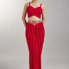 Red Crop Top Skirt With Embellished Jacket