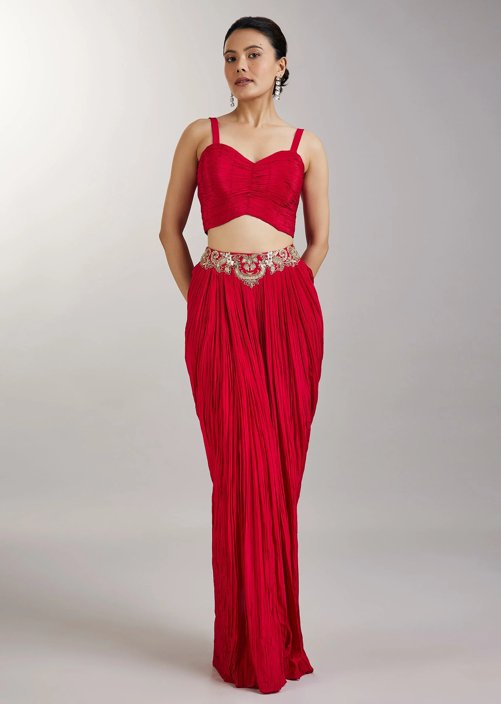 Red Crop Top Skirt With Embellished Jacket