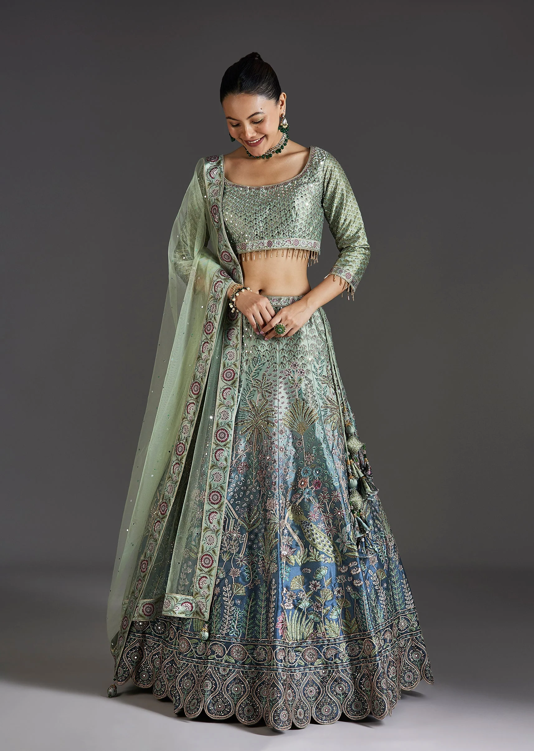 Green Ombre Lehenga With Gota Lace Finish