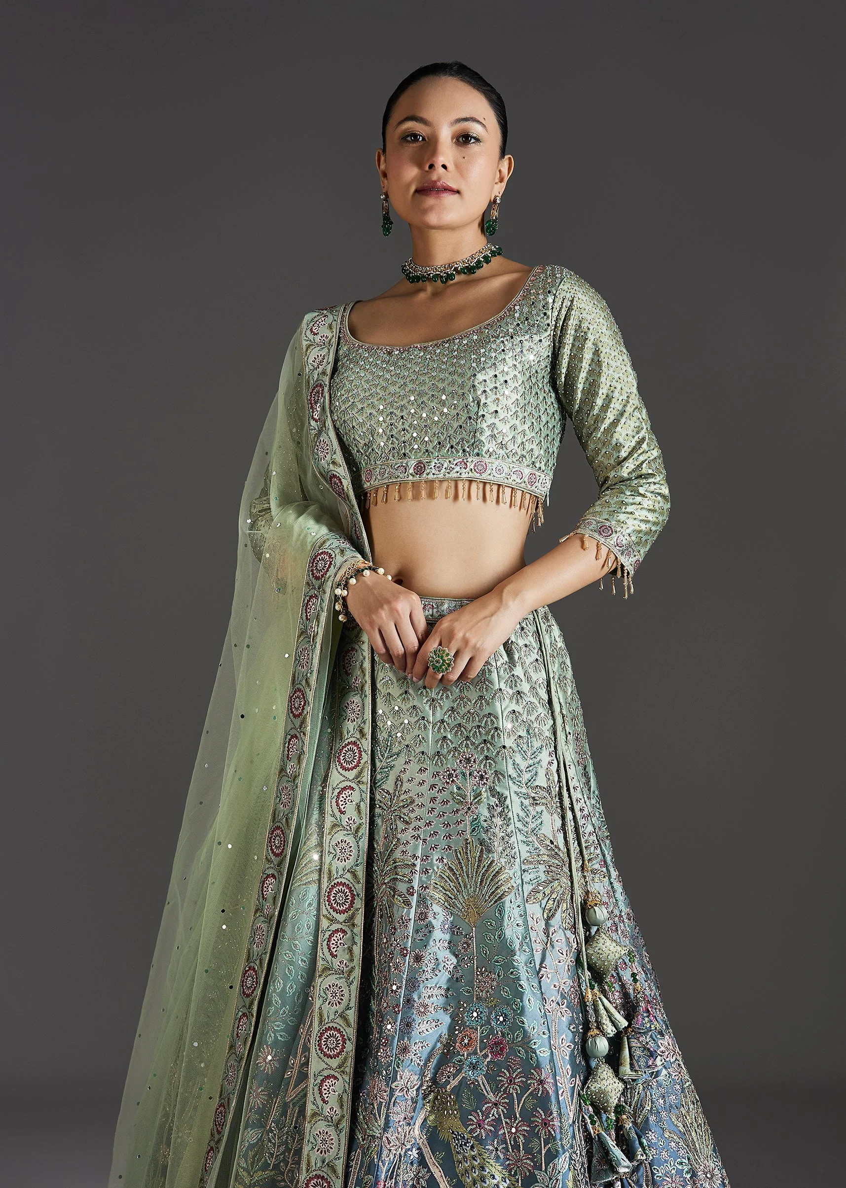 Green Ombre Lehenga With Gota Lace Finish