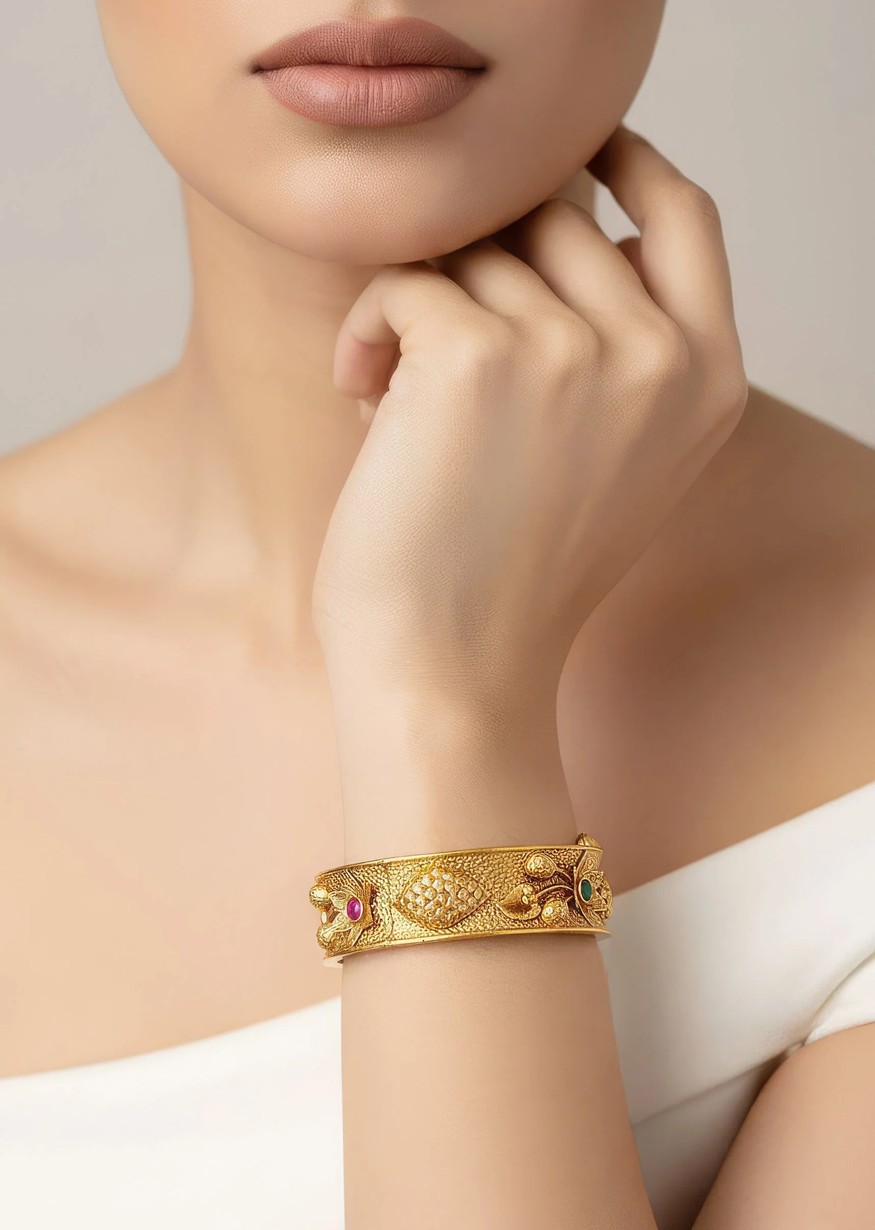 Gold Finish Temple Style Bangle With Rani Pink and Green Simulated Stones