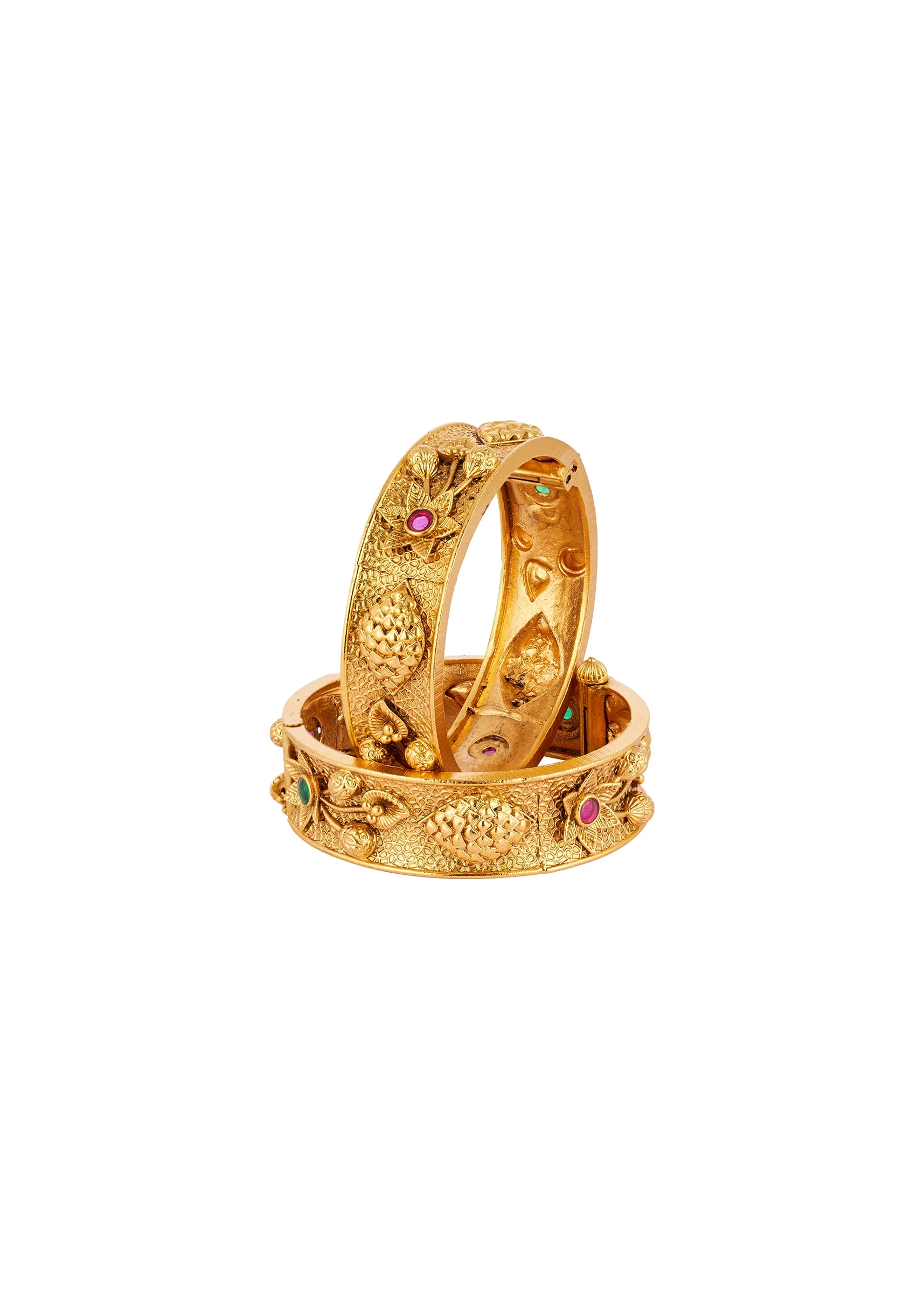 537-gold-finish-temple-style-bangle-with-rani-pink-and-green-simulated-stones-2.webp Gold Finish Temple Style Bangle With Rani Pink and Green Simulated Stones