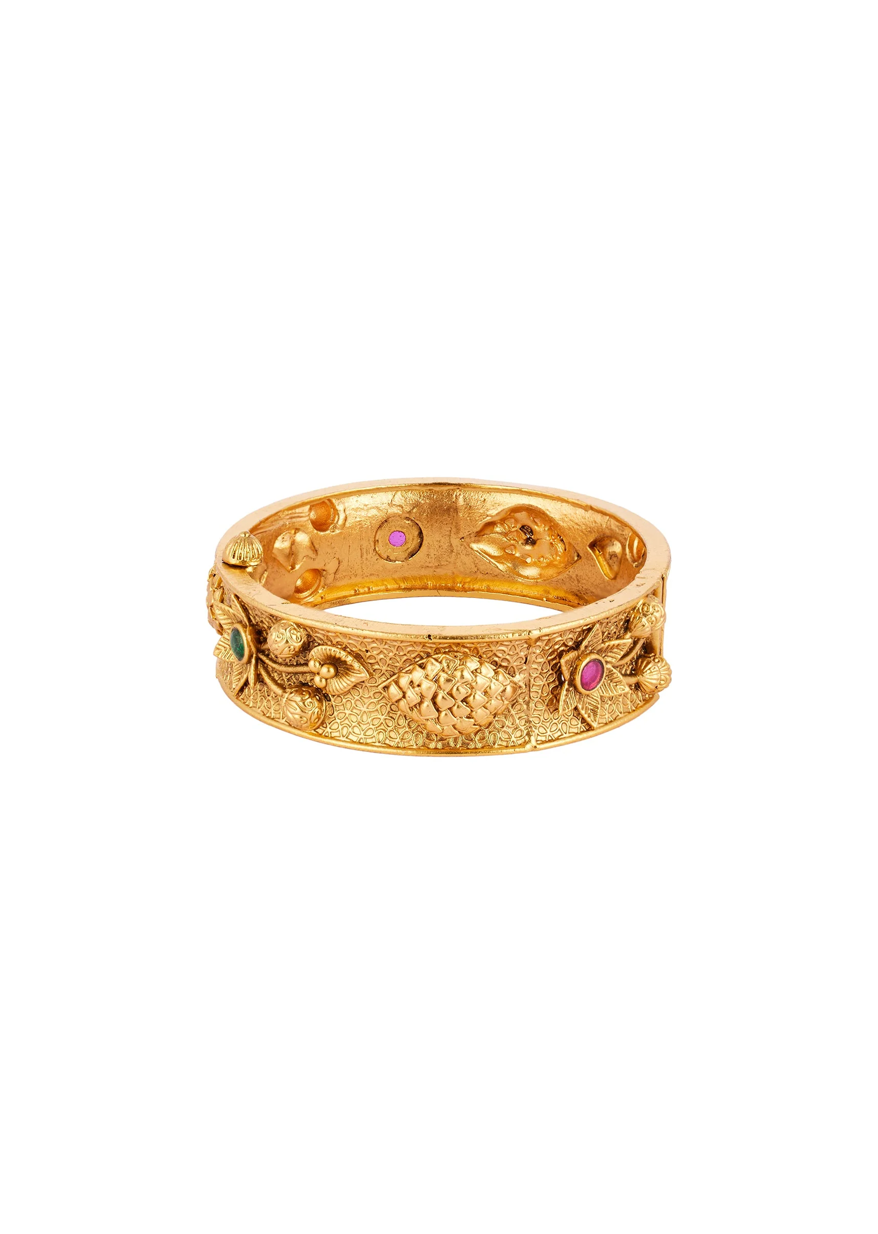 537-gold-finish-temple-style-bangle-with-rani-pink-and-green-simulated-stones-3.webp Gold Finish Temple Style Bangle With Rani Pink and Green Simulated Stones