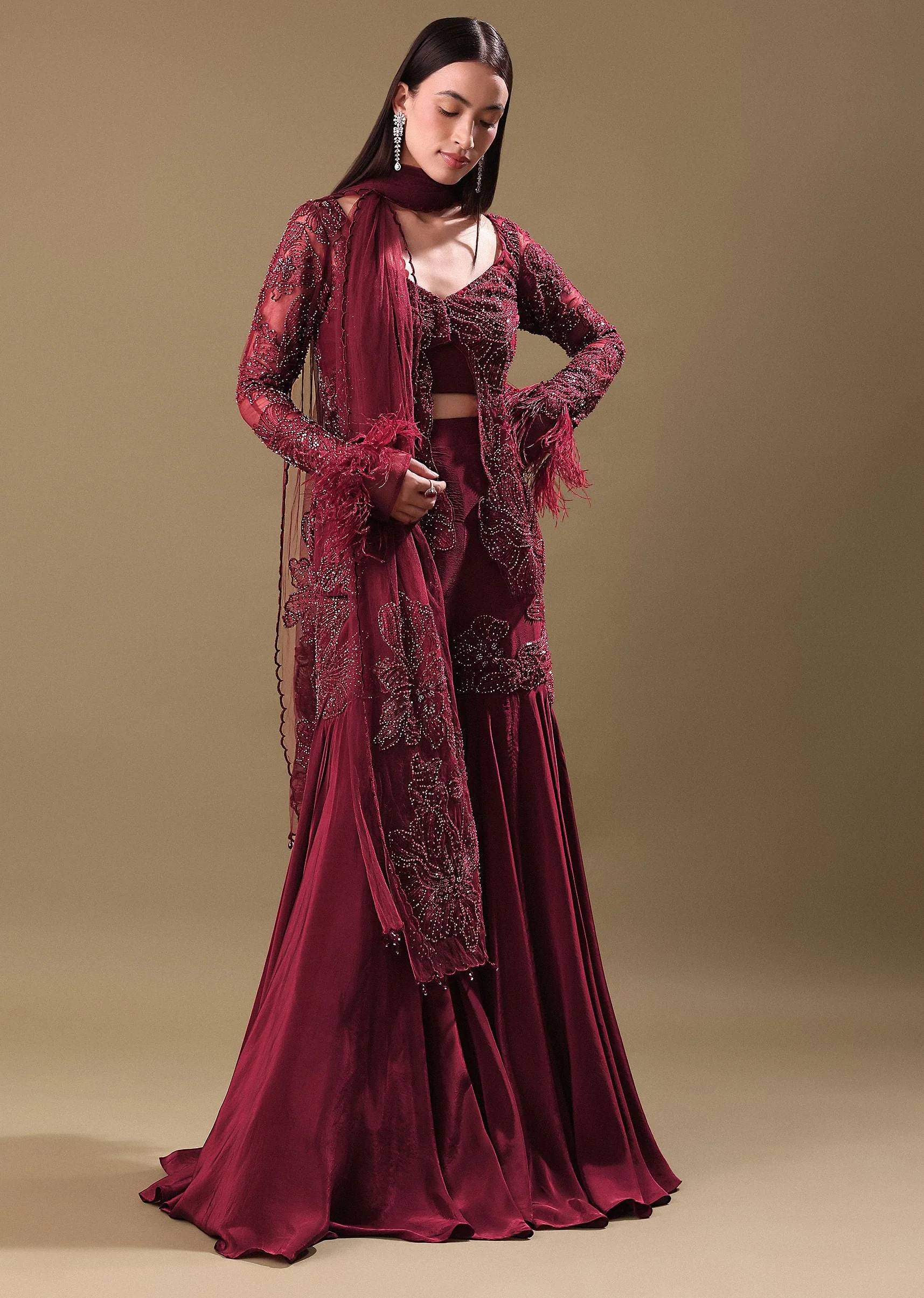 5371-deep-red-crepe-sharara-and-blouse-set-1.webp Deep Red Crepe Sharara And Blouse Set