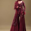 Deep Red Crepe Sharara And Blouse Set