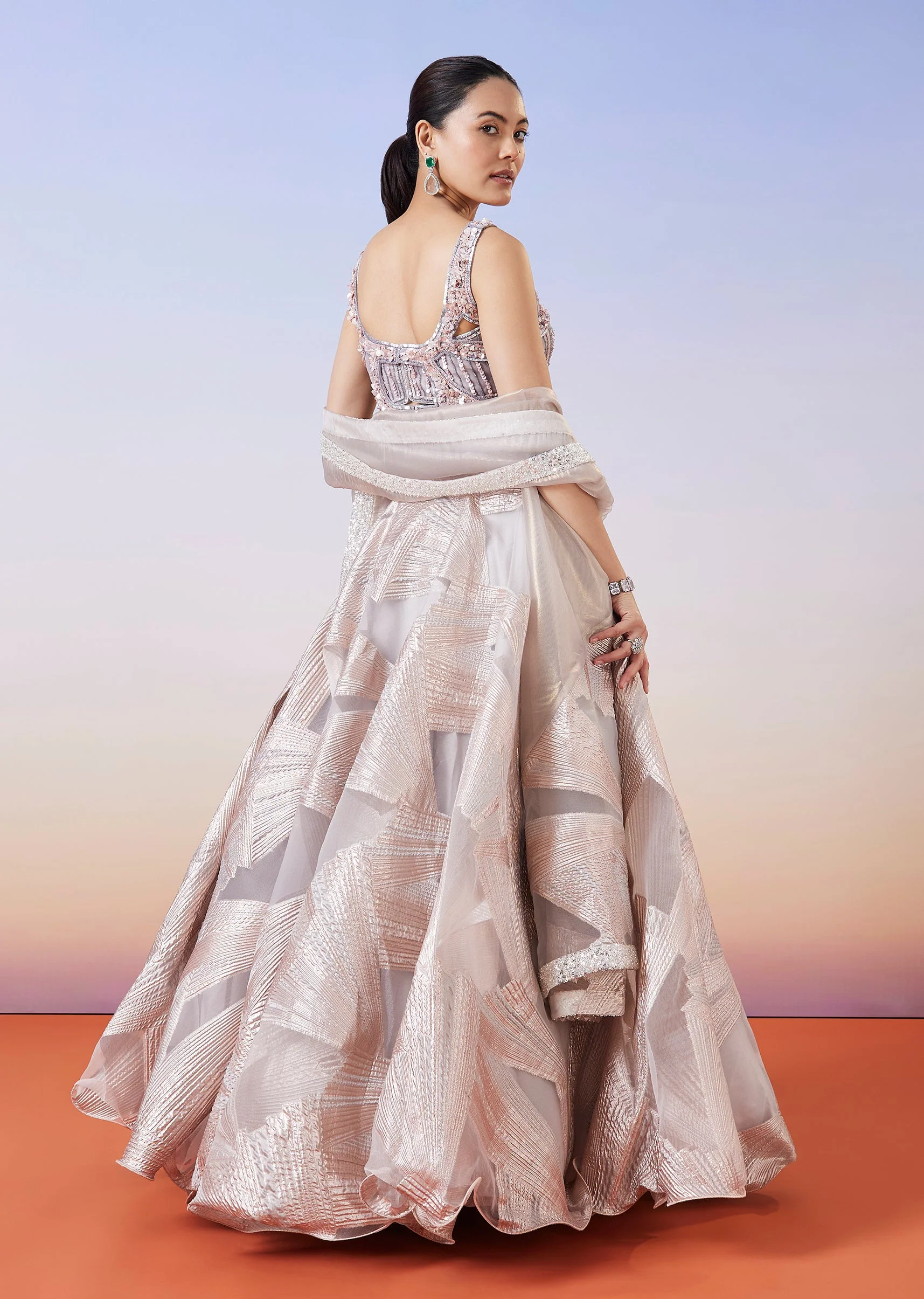 Rose Gold Jacquard Fusion Lehenga With Dupatta