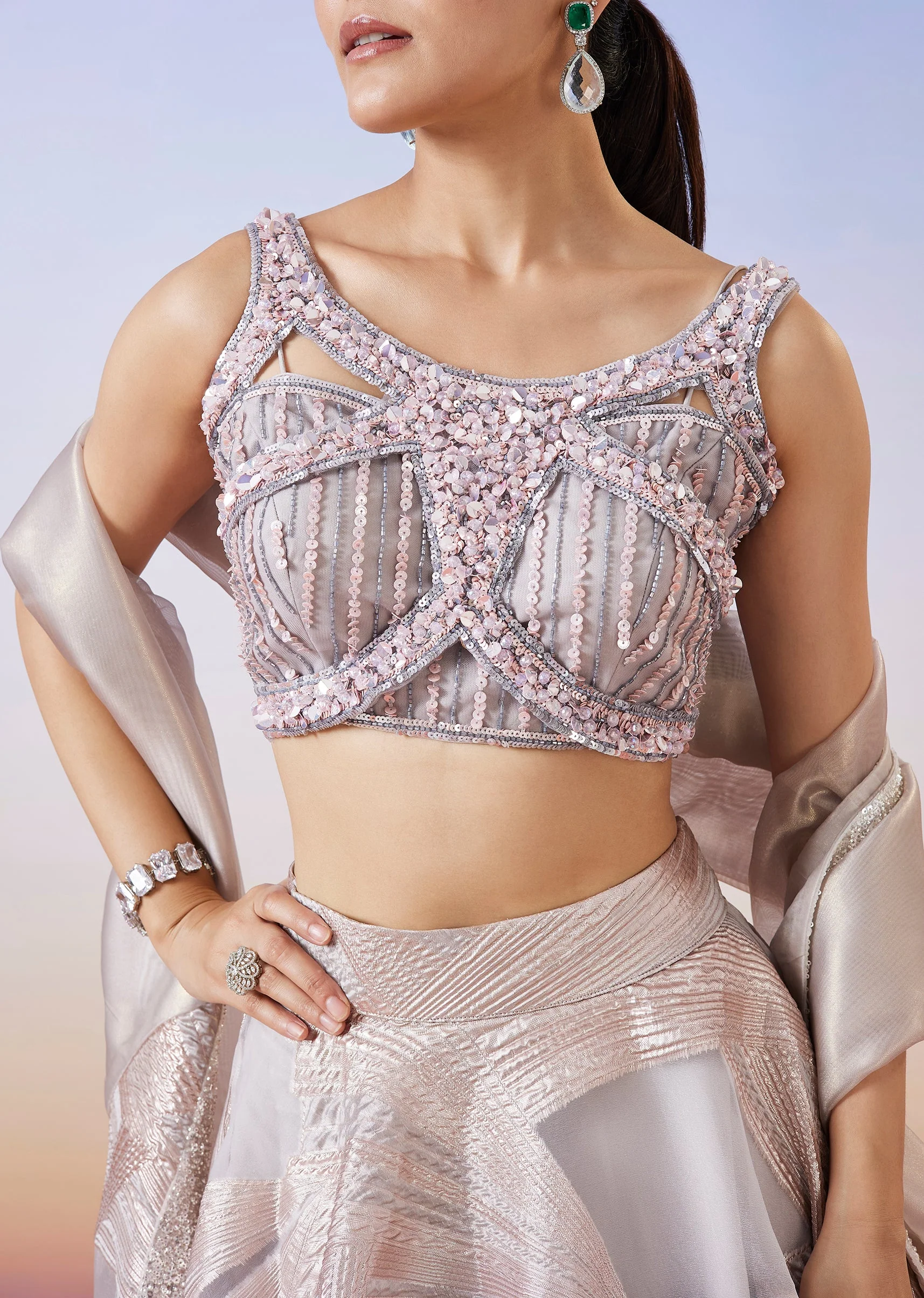 Rose Gold Jacquard Fusion Lehenga With Dupatta