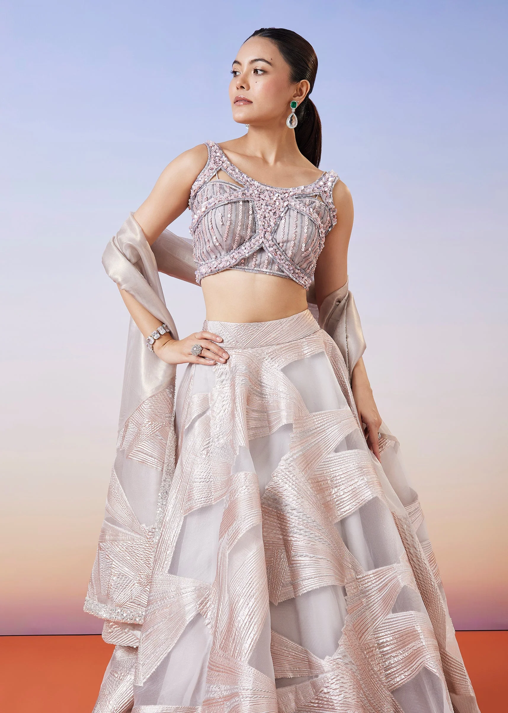 Rose Gold Jacquard Fusion Lehenga With Dupatta