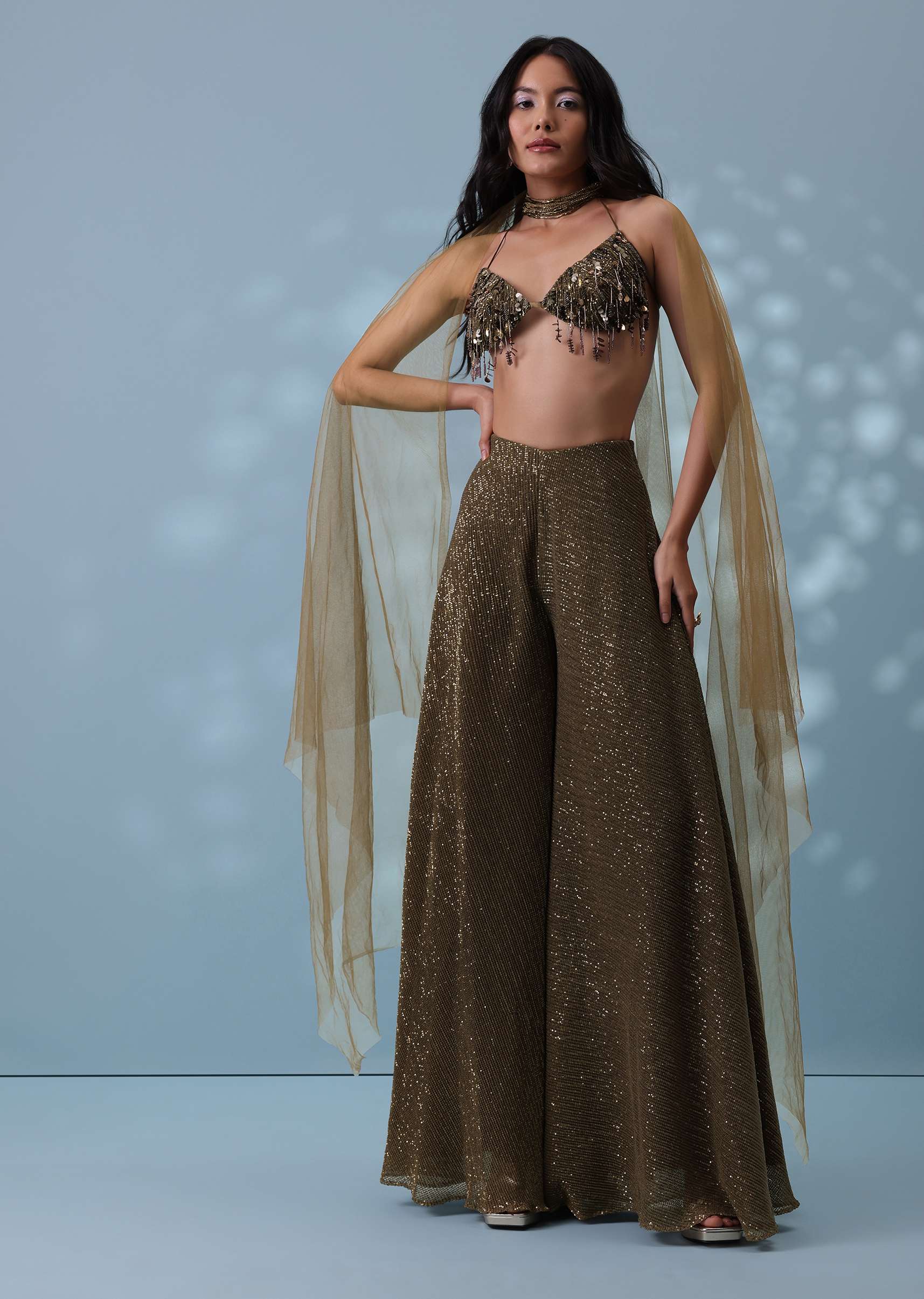 5409-dusty-brown-fancy-indowestern-palazzo-and-bustier-in-lycra-sequins-with-choker-1.jpg Dusty Brown Fancy Indowestern Palazzo And Bustier In Lycra Sequins With Choker