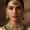 541-gold-finish-grand-kundan-choker-necklace-set-with-green-enamel-and-green-beads-1.webp Gold Finish Grand Kundan Choker Necklace Set With Green Enamel And Green Beads